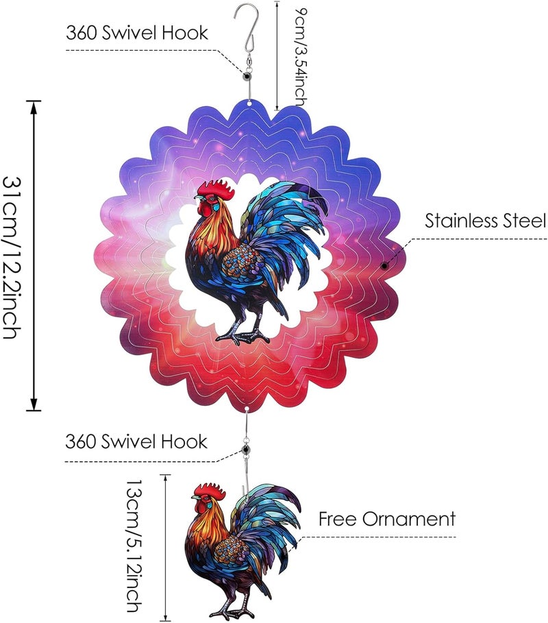 INCOK Rooster Hanging Wind Spinner Outdoor - 12 Inches Stainless Steel Wind Sculpture Aesthetic Wind Chime Chicken Farmhouse Art Ornaments for Garden Yard Balcony Patio Lawn Yard Decorations - Image 5